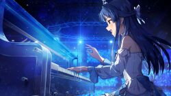 1girl black_hair blue_eyes card_commentary commentary_request concert dress from_side game_cg grand_piano half_updo idolmaster idolmaster_million_live! idolmaster_million_live!_theater_days indoors instrument long_hair long_sleeves mogami_shizuka music official_alternate_costume official_art open_mouth piano playing_instrument playing_piano sitting solo strapless strapless_dress third-party_source white_dress 