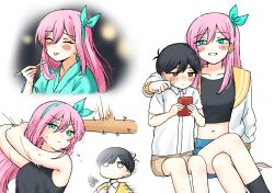  1boy 1girl @_@ aged_down alternate_costume alternate_sleeve_length antenna_hair aubrey_(faraway)_(omori) aubrey_(omori) baseball_bat black_eyes black_hair black_socks blue_eyes blue_hairband blush brown_shorts closed_mouth collared_shirt commentary_request crop_top crossed_legs double-parted_bangs ear_piercing hair_between_eyes hairband hand_on_another's_shoulder highres holding holding_baseball_bat jacket long_hair long_sleeves looking_at_viewer mimn_(kdjgxrt1xt69701) nail_(hardware) nail_bat navel omori open_clothes open_jacket open_mouth piercing pink_hair shirt short_hair short_sleeves shorts sidelocks simple_background smile socks sunny_(omori) sweat sweatdrop tongue tongue_out white_background white_jacket white_shirt 