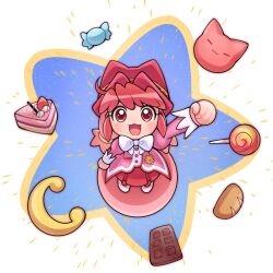  1girl :3 :d ahoge aka_tsy arm_up blush boots bow bowtie bread buttons cake cake_slice candy cat_ornament chinese_commentary chocolate chocolate_bar clenched_hand coat commentary compact_(cosmetics) cosmetics crescent deformed fine_(futagohime) food from_above fushigiboshi_no_futago_hime hat highres juliet_sleeves light_particles loaf_of_bread lollipop long_hair long_sleeves looking_at_viewer looking_up low_twintails miniskirt open_mouth overcoat pink_boots pink_coat pleated_skirt pom_pom_(clothes) pom_pom_footwear puffy_sleeves raised_fist red_eyes red_hair red_hat red_skirt red_trim short_twintails sidelocks simple_background skirt smile solo standing star_(symbol) strawberry_cake sunny_luce swirl_lollipop twintails white_background white_bow white_bowtie wrapped_candy 