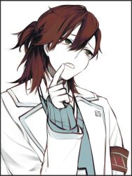  1boy aqua_sweater armband commentary_request green_eyes half_updo hand_up highres hyoutenka_30-do_no_zetsubou id_card index_finger_raised jacket jh lapels male_focus medium_hair mole mole_under_eye open_clothes open_jacket red_armband red_hair sanpaku sharp_teeth simple_background solo sweater teeth tonimura_yui white_background white_jacket 