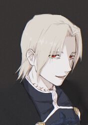  1boy absurdres awati blonde_hair commentary_request grey_background hair_intakes highres male_focus neck_tattoo open_mouth priest red_eyes rhyno_(yuushakei_ni_shosu) shaded_face short_hair smile solo tattoo teeth upper_teeth_only yuushakei_ni_shosu 
