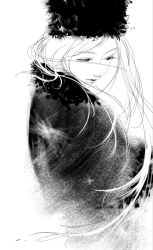 1girl capelet closed_mouth commentary expressionless floating_hair from_side fur-trimmed_capelet fur_hat fur_trim ginga_tetsudou_999 greyscale half-closed_eyes hat highres korean_commentary long_hair looking_down maetel monochrome papakha parted_hair side_part simple_background solo sosososonanamu straight_hair turning_head upper_body white_background winter_clothes 