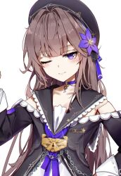  1girl beret black_dress black_hat black_sailor_collar brown_hair choker collarbone commentary doll_joints dress flower frilled_sailor_collar frills hair_flower hair_ornament hat herta_(honkai:_star_rail) herta_(puppet)_(honkai:_star_rail) honkai:_star_rail honkai_(series) joints looking_at_viewer one_eye_closed purple_choker purple_flower sailor_collar sailor_dress simple_background smile solo sstthei upper_body violet_eyes white_background white_dress 