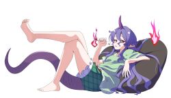  1girl absurdres baba_(baba_seimaijo) barefoot commentary_request crossed_legs fire frilled_shorts frills full_body green_shirt green_shorts highres holding holding_test_tube horns lizard_tail long_hair looking_at_viewer pointy_ears purple_hair purple_horns purple_tail red_eyes revision shirt short_sleeves shorts simple_background single_horn solo tail tenkajin_chiyari test_tube toes touhou very_long_hair white_background 