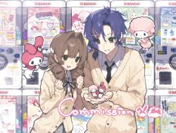 1boy 1girl :3 :d adh_shi_shei androgynous bandai black_necktie black_ribbon blue_eyes blue_hair brown_eyes brown_hair bulbasaur cameo cardigan charmander cinnamoroll collared_shirt commission figure fuwa_fuwa_cinnamoroll gashapon heart hello_kitty hello_kitty_(character) highres kuromi long_hair long_sleeves merchandise mihuashi_commission mudkip my_melody my_melody_(series) my_sweet_piano neck_ribbon necktie original piplup pokemon pompompurin psyduck ribbon ringlets rowlet sanrio school_uniform shirt smile spheal tandemaus upper_body usahana watermark white_shirt yellow_cardigan 