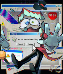  1boy 3hkowalski blue_eyes caine_(the_amazing_digital_circus) commentary cursor detached_eyes english_commentary error_message eye_in_mouth glitch gloves hat heterochromia highres male_focus microsoft_windows red_tailcoat road_sign sign stop_sign teeth the_amazing_digital_circus top_hat white_gloves window_(computing) windows_classic 