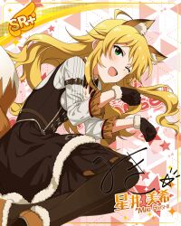 blonde_hair character_name dress green_eyes hoshii_miki idolmaster_million_live!_theater_days long_hair smile wink