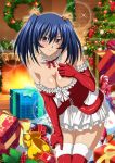  00s 1girl bare_shoulders bashoku_youjou blue_hair blush breasts christmas cleavage female fire hair_ornament ikkitousen large_breasts leaning_forward looking_at_viewer short_twintails smile solo standing thigh-highs twintails violet_eyes 
