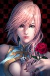 1girl alternate_costume blue_eyes diamond_dust face final_fantasy final_fantasy_xiii flower lightning_farron lightning_returns:_final_fantasy_xiii looking_at_viewer nail_polish pink_hair rose square_enix upper_body 