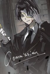  1boy black_hair black_necktie black_suit collared_shirt commentary_request cracked_mask curtained_hair gloves hand_on_own_face highres holding index_(identity)_(project_moon) jacket limbus_company looking_at_viewer male_focus necktie pager project_moon shirt short_hair sixgod solo suit suit_jacket white_gloves white_mask white_shirt yellow_eyes yi_sang_(project_moon) 