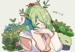  1girl asymmetrical_horns birthday black_horns blob braid braided_bangs bush ceres_fauna ceres_fauna_(1st_costume) closed_eyes closed_mouth commentary dated dress fingerless_gloves flower fongban_illust gloves green_background green_hair green_nails hair_branch hair_flower hair_ornament hair_over_one_eye hakos_baelz holocouncil hololive hololive_english holopromise horns irys_(hololive) leaning_on_self limiter_(tsukumo_sana) long_hair long_sleeves mole mole_under_eye nanashi_mumei nerissa_ravencroft ouro_kronii sapling_(ceres_fauna) simple_background single_glove tree_horns tsukumo_sana untranslatable_commentary upper_body virtual_youtuber white_dress 