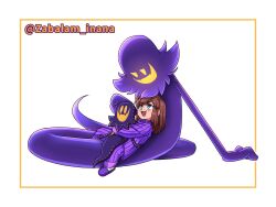  1boy 1girl :d a_hat_in_time alternate_costume blue_eyes brown_hair character_doll child commentary doll english_commentary fang fangs ghost hat_kid highres hugging_doll hugging_object long_hair long_sleeves looking_at_another looking_down looking_up missing_headwear open_mouth pajamas pants purple_pants purple_shirt purple_slippers shirt sidelocks sitting sitting_on_lap sitting_on_person skin_fangs slippers smile snatcher_(a_hat_in_time) socks striped_clothes striped_pants striped_shirt twitter_username vertical-striped_clothes vertical-striped_pants vertical-striped_shirt white_background white_socks zabalam_inana 