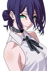  1girl absurdres bare_shoulders black_choker black_ribbon blush chainsaw_man choker close-up closed_mouth collared_shirt commentary_request green_eyes grenade_pin hair_between_eyes hair_bun highres long_hair_between_eyes looking_at_viewer neck_ribbon portrait purple_hair reze_(chainsaw_man) ribbon shirt short_hair simple_background sleeveless sleeveless_shirt smile solo venom001112222 white_background white_shirt 