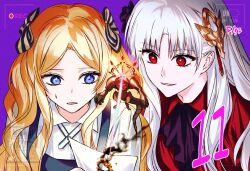  2girls blonde_hair blue_eyes bow burning command_spell commentary_request dress easel_(dam0628) fate/strange_fake fate_(series) feet_out_of_frame fillia_(fate) flower hair_bow hair_ornament haruri_borzak highres huwawa_(fate) korean_commentary laser long_hair long_sleeves multiple_girls paper red_background red_eyes shirt simple_background white_hair 