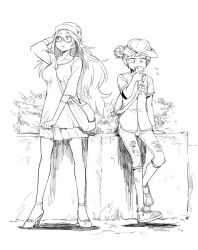  2girls alternate_costume alternate_hairstyle bag bandaid bandaid_on_leg baseball_cap bespectacled between_breasts breasts capri_pants casual commentary_request double_bun fanny_pack glasses hair_bun hat high_heels holding holding_phone ikusotsu jun'you_(kancolle) kantai_collection large_breasts long_hair miniskirt multiple_girls pants pantyhose phone ryuujou_(kancolle) shoes sitting skirt sneakers strap_between_breasts torn_clothes torn_pantyhose very_long_hair wristband 