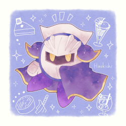  1boy blue_background border cake cake_slice cape cocktail cocktail_glass commentary_request creature cup drink drinking_glass food full_body highres kirby_(series) looking_at_viewer male_focus mask meta_knight metal_mask no_humans purple_cape ro2noki solo white_border yellow_eyes 