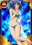 00s 1girl barefoot bashoku_youjou bikini blue_hair breasts card_(medium) cleavage female hair_ornament ikkitousen large_breasts legs looking_at_viewer navel open_mouth short_twintails smile solo standing swimsuit twintails violet_eyes 