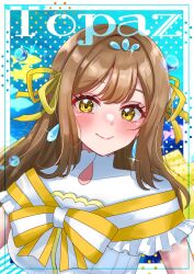  1girl above-cleavage_cutout blue_background blush border brown_hair closed_mouth clothing_cutout collarbone commentary_request cover cover_page doujin_cover earrings english_text floating_earrings hair_ribbon highres jewelry koi_ni_naritai_aquarium kunikida_hanamaru long_hair looking_at_viewer love_live! love_live!_sunshine!! midori_oekk outside_border ribbon shirt short_sleeves smile solo teardrop_earrings underwater white_border white_shirt yellow_eyes yellow_ribbon 