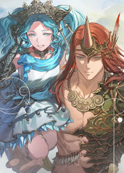  1boy 1girl armor bead_necklace beads blue_eyes blue_hair braid couple crystal curly_hair fake_horns final_fantasy final_fantasy_xiv gauntlets green_eyes headpiece highres horned_headwear horns jewelry long_hair male_focus muscular muscular_male necklace ornate_armor red_hair scarf single_horn twintails upper_body zerg_(z79438659) 