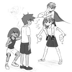  1girl 3boys absurdres aiming arms_at_sides brother_and_sister brothers cabronpr cape captain_spaceboy carrying closed_mouth commentary dark-skinned_male dark_skin english_commentary eyepatch greyscale hero_(faraway)_(omori) hero_(omori) highres holding_toy_gun kel_(faraway)_(omori) kel_(omori) mari_(faraway)_(omori) mari_(omori) missing_tooth monochrome multiple_boys omori one_eye_closed open_mouth playing shirt shoes short_hair short_sleeves shorts shoulder_carry siblings skirt sleeveless sleeveless_shirt smile socks speech_bubble standing sunny_(omori) sweat thigh-highs thought_bubble toy_gun 