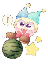  ! 1boy :d blue_hat bow bowtie brown_shoes commentary_request creature fangs food fruit full_body hat jester_cap kirby_(series) kirby_super_star looking_at_viewer male_focus marx_(kirby) no_humans open_mouth red_bow red_bowtie ro2noki shoes simple_background smile solo spoken_exclamation_mark star_(symbol) sweatdrop two-tone_headwear violet_eyes watermelon white_background 