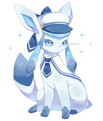  absurdres artist_name blue_eyes blue_fur blue_hat blush closed_mouth clothed_pokemon commentary_request full_body glaceon glaceon_(summer_sailor) hat highres iwasi_29 light_smile no_humans official_alternate_costume pokemon pokemon_(creature) pokemon_cafe_remix sailor_hat simple_background sitting solo sparkle twitter_username two-tone_fur two-tone_hat white_background white_hat 