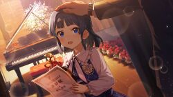  1boy 1girl aged_down black_hair blue_dress blue_eyes blush card_commentary child commentary_request dress game_cg grand_piano headpat holding holding_paper idolmaster idolmaster_million_live! idolmaster_million_live!_theater_days instrument long_sleeves medium_hair mogami_shizuka official_art open_mouth paper piano plaid_clothes plaid_dress standing third-party_source white_sleeves 