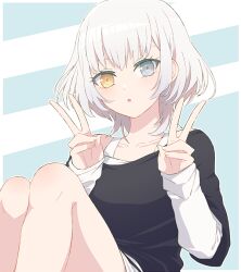  1girl :o akasata bang_dream! bang_dream!_it's_mygo!!!!! black_shirt blue_eyes double_v feet_out_of_frame grey_hair heterochromia kaname_raana knees_up layered_sleeves long_sleeves looking_at_viewer shirt short_hair short_over_long_sleeves short_sleeves sitting solo striped_background v white_shirt yellow_eyes 