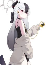  1girl black_dress black_hair blue_archive bright_pupils brown_cardigan cardigan choker commentary demon_horns demon_wings dress ear_piercing earphones earphones earrings halo highres horns jewelry kayoko_(blue_archive) kayoko_(dress)_(blue_archive) kumakono multicolored_hair official_alternate_costume piercing red_eyes simple_background solo walkman white_background white_hair white_pupils wings 