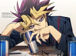  1boy black-framed_eyewear black_shirt blonde_hair can commentary_request elbow_on_table fingernails glasses head_rest highres holding holding_can male_focus multicolored_hair muto_yugi pen purple_hair red_bull shirt solo spiky_hair two-tone_hair violet_eyes watermark white_background yoshio_296 yu-gi-oh! yu-gi-oh!_duel_monsters 