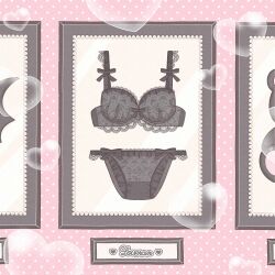  animal_print bear_print black_bra black_panties black_ribbon bra commentary_request company_name guest_art heart heart_print highres lace-trimmed_bra lace-trimmed_panties lace_trim nekomaru0817 original panties pastel_colors pearl_ornament picture_frame pink_background polka_dot polka_dot_background ribbon underwear 