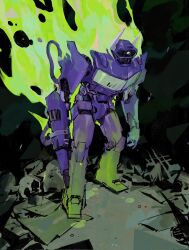  arm_cannon armor debris fire green_fire highres ihatemath444 mecha no_humans one-eyed purple_armor robot science_fiction shockwave_(transformers) transformers weapon 