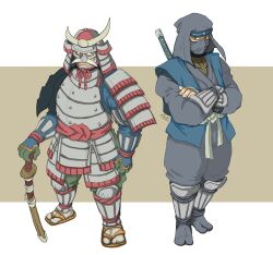  2boys amatera armor black_hood bracer commentary_request crossed_arms gloves greaves hanzou_(shining_force) helmet highres japanese_armor japanese_clothes kabuto_(helmet) katana kimono male_focus mask mouth_mask multiple_boys musashi_(shining_force) ninja samurai sandals sheath sheathed shining_(series) sword weapon 
