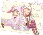  1boy 1girl animal_costume animal_hood blush bow brown_eyes brown_hair bunny_costume bunny_hood cosplay costume_switch full_body green_eyes himeno_kanon himeno_kanon_(cosplay) hood ichihara_nina ichihara_nina_(cosplay) idolmaster idolmaster_cinderella_girls idolmaster_side-m kigurumi long_hair mittens open_mouth purple_legwear rice_(rice8p) smile striped striped_legwear 