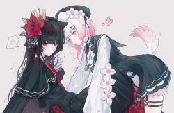  2girls absurdres animal_ears arm_support averting_eyes belt beret black_capelet black_dress black_hair black_hat blush bow bowtie capelet cat_ears closed_mouth collared_dress commentary_request crane666 crown dog_ears dog_tail dress feet_out_of_frame flower gloves gradient_hair hair_flower hair_ornament hat heart highres kemonomimi_mode kneeling knees_up lace-trimmed_dress lace_trim long_dress long_hair long_sleeves looking_at_another looking_at_viewer mahou_shoujo_no_majo_saiban mini_crown multicolored_hair multiple_girls necktie nikaido_hiro pink_eyes pink_hair red_eyes red_flower red_necktie red_sailor_collar sailor_collar sakuraba_ema shirt short_dress short_hair sitting sleeveless sleeveless_dress small_sweatdrop spoken_blush tail thigh_belt thigh_strap twirling_hair white_background white_bow white_bowtie white_flower white_gloves white_hair white_shirt x_hair_ornament yuri 