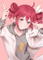 1girl baguette blush braid bread commentary_request double-parted_bangs drill_hair food food_print grey_eyes grey_hoodie grin highres hood hoodie index_fingers_raised kasane_teto lab_coat looking_at_viewer minazumi_souka pink_background pointing pointing_at_self print_hoodie red_eyes red_hair ribbon science_(synthesizer_v) side_braid smile solo synthesizer_v twin_drills twintails twitter_username upper_body white_ribbon