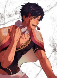  1boy back_cutout bare_shoulders black_eyes black_hair blindfold_around_neck bodysuit centipede_tattoo chinese_clothes chinese_knot clothing_cutout commentary_request detached_sleeves earrings facial_tattoo gimmub1 highres jewelry korean_commentary large_pectorals looking_to_the_side male_focus mandarin_collar manly multicolored_hair muscular muscular_male pectorals qin_shi_huang_(shuumatsu_no_valkyrie) red_hair red_tattoo short_hair shuumatsu_no_valkyrie simple_background single_earring sleeveless sleeveless_bodysuit sleeveless_turtleneck smirk spiky_hair tassel tassel_earrings tattoo teeth turtleneck turtleneck_bodysuit two-tone_hair veins veiny_arms 