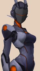  1girl absurdres android assault_visor breasts commentary commission highres joints mechanical_arms mechanical_legs medium_breasts navel notfuji orange_visor original radio_antenna robot_joints science_fiction simple_background solo turning_head upper_body 