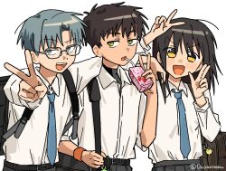  1girl 2boys :d backpack bag belt black_belt black_hair blue_hair blue_necktie blush_stickers collared_shirt drink_carton drinking_straw glasses green_eyes grey_eyes grey_skirt hands_up highres holding holding_juice_box juice_box long_hair long_sleeves looking_at_viewer multiple_boys necktie open_mouth original outstretched_arm ozu_(oz_yarimasu) parted_bangs pleated_skirt school_bag school_uniform shirt short_hair simple_background skirt smile twitter_username upper_body v white_background white_shirt yellow_eyes 