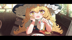  1girl absurdres black_hat black_vest blonde_hair blush bow braid cafe cake cake_slice commentary english_commentary food hair_bow hat highres incoming_food kirisame_marisa letterboxed long_hair looking_at_viewer open_mouth puffy_short_sleeves puffy_sleeves red_bow short_sleeves side_braid single_braid smile solo table touhou very_long_hair vest witch_hat yellow_eyes yiyi02 