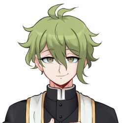  1boy amami_rantaro antenna_hair black_jacket commentary danganronpa_(series) danganronpa_v3:_killing_harmony green_eyes green_hair hair_between_eyes jacket male_focus parta_228 portrait priest short_hair simple_background smile solo white_background 