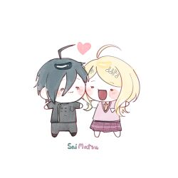  1boy 1girl :d ahoge akamatsu_kaede ane_(ayoayoayoay0000) black_hair black_jacket black_pants blonde_hair blush_stickers character_name chibi chibi_only closed_mouth collared_shirt commentary danganronpa_(series) danganronpa_v3:_killing_harmony english_commentary frown full_body hair_between_eyes hair_ornament happy heart highres jacket long_hair looking_at_another musical_note musical_note_hair_ornament musical_note_print necktie open_mouth orange_necktie pants parted_bangs pink_sweater_vest pleated_skirt print_skirt purple_skirt saihara_shuichi school_uniform shirt short_hair simple_background skirt smile standing sweater_vest wavy_mouth white_background white_shirt 
