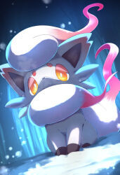  bright_pupils commentary_request gloves highres hisuian_zorua looking_at_viewer multicolored_gloves no_humans orange_eyes pokemon pokemon_(creature) red_fur rumine_(yoshi1234567) snow solo two-tone_gloves white_fur white_pupils 