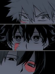  3boys bakugou_katsuki bkg0303 black_background boku_no_hero_academia border cocked_eyebrow commentary_request eye_focus hair_between_eyes heterochromia highres korean_commentary looking_at_viewer male_focus midoriya_izuku monochrome multicolored_hair multiple_boys scar scar_across_eye scar_on_cheek scar_on_face short_hair spiky_hair todoroki_shoto two-tone_hair white_border 
