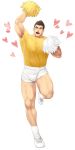  1boy abs bara brown_hair cheerleader jumping looking_at_viewer male_focus muscle nude pecs pom_poms smile socks sweat teeth winemvee 