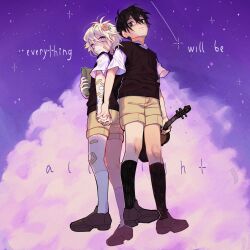  2boys alternate_color antenna_hair bandaged_wrist bandages bandaid bandaid_on_arm bandaid_on_cheek bandaid_on_face bandaid_on_leg basil_(faraway)_(omori) basil_(omori) black_eyes black_hair black_socks black_sweater_vest blonde_hair blue_eyes book bright_pupils brown_shoes brown_shorts closed_mouth clouds collared_shirt commentary double-parted_bangs english_text hair_between_eyes highres holding holding_book holding_hands holding_instrument holding_violin instrument interlocked_fingers looking_at_viewer male_focus multiple_boys omori parted_lips purple_sky shirt shoes short_hair short_sleeves shorts sidelocks sky socks sunny_(omori) sweater_vest teatya untranslatable_commentary violin white_pupils white_shirt white_socks 
