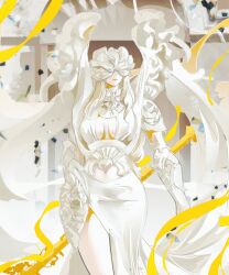  1girl armor blonde_hair breasts breasts_apart clothing_cutout commentary covered_eyes cowboy_shot elden_ring elden_ring_nightreign english_commentary flying_ribbons halter_shirt halterneck helmet helmet_over_eyes highres hip_armor holding holding_polearm holding_weapon lips medium_breasts navel_cutout notgustiarp ornate_armor plunging_neckline polearm rope_braid sarong solo thighs weapon weapon_bequeathed_harmonia_(elden_ring) white_sarong 