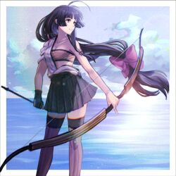  1girl ahoge bandeau black_hair black_hakama bow_(weapon) brown_eyes brown_gloves brown_thighhighs commentary_request feet_out_of_frame gloves hadanugi_dousa hakama hakama_short_skirt hakama_skirt holdign_arrow horizon japanese_clothes kantai_collection kimono long_hair looking_at_viewer low-tied_long_hair medara ocean open_clothes open_kimono partially_fingerless_gloves shouhou_(kancolle) single_glove skirt solo standing thigh-highs weapon white_kimono yugake 