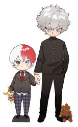  2boys all_might bkg0303 black_jacket black_pants black_shoes blue_eyes blue_pants boku_no_hero_academia bow brothers child collared_shirt commentary_request endeavor_(boku_no_hero_academia) frown furrowed_brow gakuran gold_buttons grey_eyes hair_between_eyes hand_in_pocket heterochromia highres holding holding_hands holding_toy jacket korean_commentary male_focus multicolored_hair multiple_boys necktie pants red_hair red_necktie school_uniform shirt shoes short_hair siblings suit_jacket todoroki_shoto todoroki_touya toy two-tone_hair white_background white_hair white_shirt 