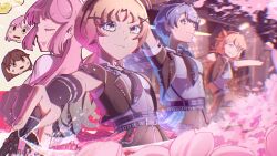  5girls ;p absurdres anyoji_hime anyoji_hime_(summer_loungewear) aqua_hair black_jacket black_necktie black_skirt blonde_hair blue_hair braid brown_hair cherry_blossoms chibi chibi_inset closed_mouth collared_shirt commentary_request fang fang_out fujishima_megumi gradient_hair grin hair_ornament hasu_no_sanrenka highres hinoshita_kaho holding holding_plectrum i_do_me!_(love_live!) jacket link!_like!_love_live! love_live! low_ponytail multicolored_hair multiple_girls murano_sayaka necktie one_eye_closed open_clothes open_jacket orange_hair osawa_rurino petals pink_hair pink_petals piririi plectrum ponytail shirt short-sleeved_jacket short_necktie short_sleeves single_braid skin_fang skirt sleeveless sleeveless_jacket smile sweat tongue tongue_out two_side_up v-shaped_eyebrows virtual_youtuber white_shirt x_hair_ornament 